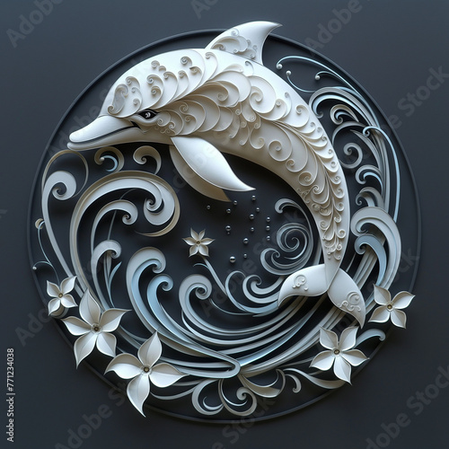 Paper cut white dolphin jumping in the waves and flowers on round black background