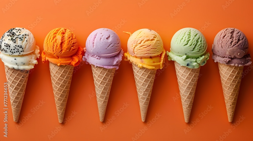 ice cream design template of the year, with an orange background and an array of colorful ice creams in different shades ice cream design template of the year, with an orange background and an array of colorful ice creams in different shades