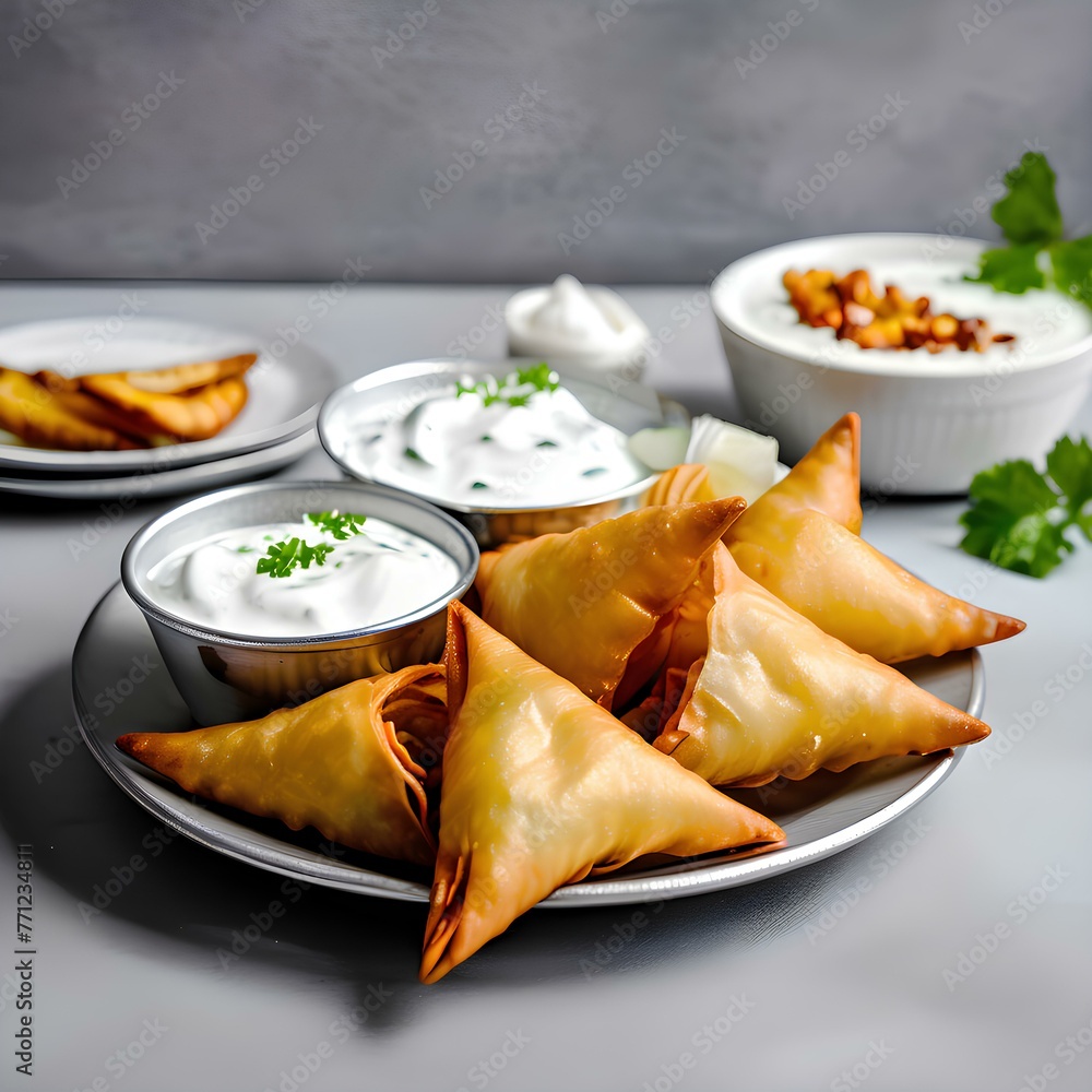 Fried samosa, samosa with yogurt, fried samosa with yogurt, delouse dish, fried dish Fried samosa, samosa with yogurt, fried samosa with yogurt, delouse dish, fried dish