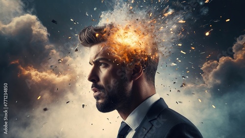 Businessman with Exploding Head: Depicting Mental Overload and Stress