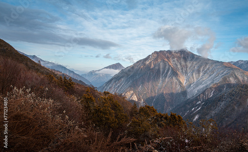 Looking at the magnificent scenery of Mount Balang in Sichuan Province, China from afar
