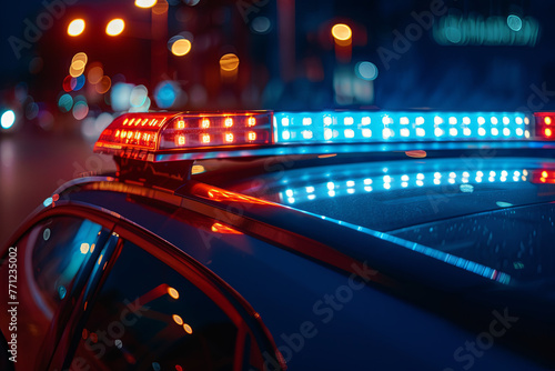 Blue and red lights on a police car’s roof bar