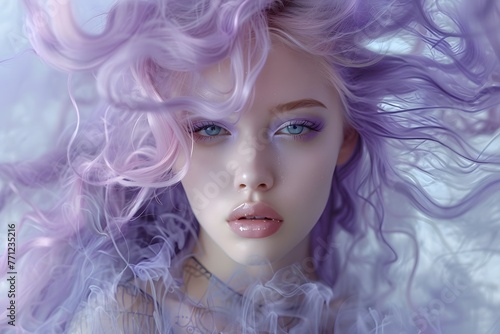 beautiful woman with hair made of purple smoke