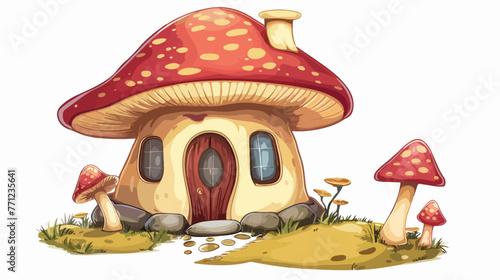 Cartoon fairy house mushroom on a white background Flat