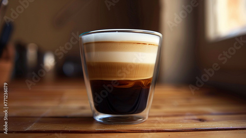 The contrast between the dark coffee and creamy foam in a macchiato, super realistic