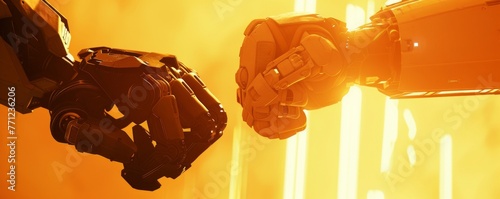  Orange light casts a glow on a symbolic fist bump between human and robot