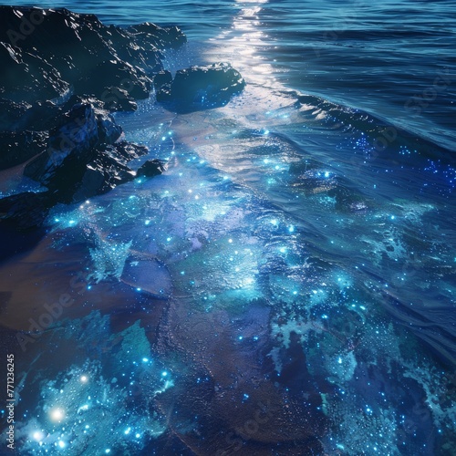 Blue beach with fluorescent ocean, moonlight, sparkling stars. © Absent Satu