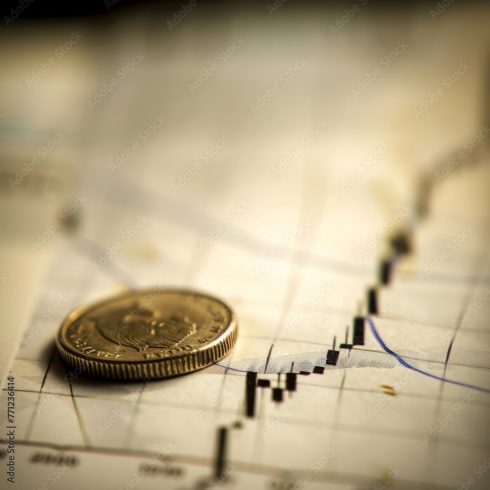 Macro view of a single coin on a fluctuating stock chart Macro view of a single coin on a fluctuating stock chart