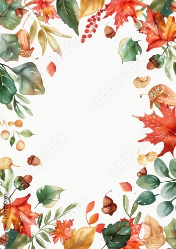 Frame with watercolor autumn leaves and berries.