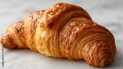 Artisan Baked Croissant Glazed Golden Perfection Close-Up, Marble Tabletop