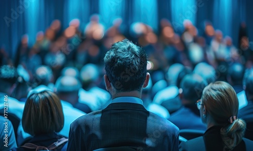 Speaker facing audience in a conference hall