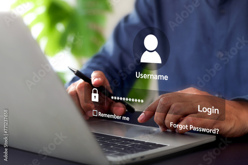 Obraz na plátně Hand touching login username and password icon for safety internet security access or user sign registration menu for social media member verification personal information account submit register