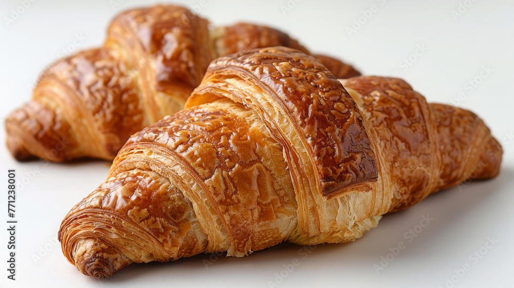 Perfectly Baked French Croissants Golden Layers on White Background