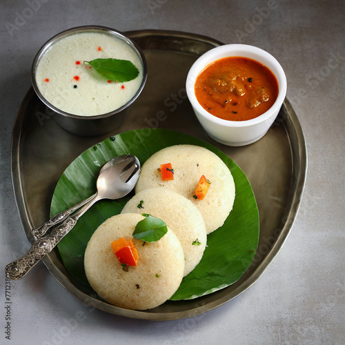 rava idli with sambar and chuney south indian vegetarian breakkfast photo