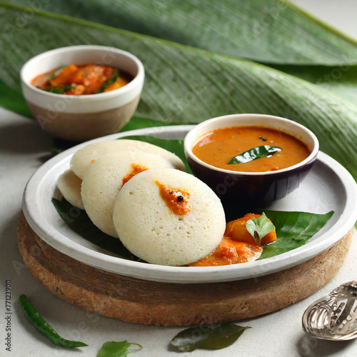 rava idli with sambar and chuney south indian vegetarian breakkfast photo