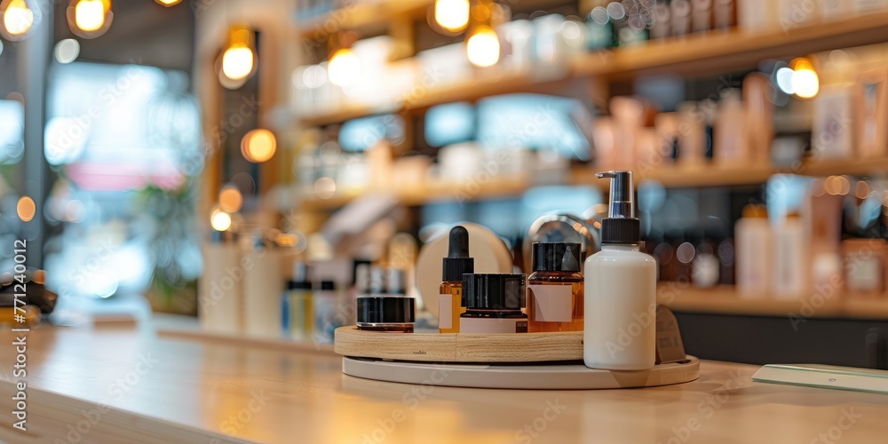 Fototapeta premium Cosmetics products on table inside shop.