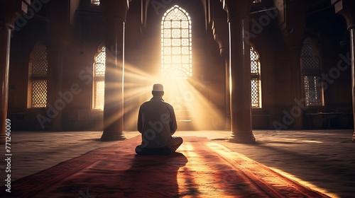 A religious Muslim prays in a mosque. Sits with his back to the camera. Sunset light.