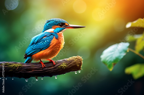 Kingfisher on the branch in autumn forest. Colorful background with bird.