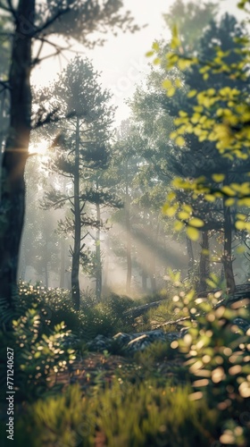 Misty Forest with Sunlight Filtering Through Trees. Background for Instagram Story, Banner