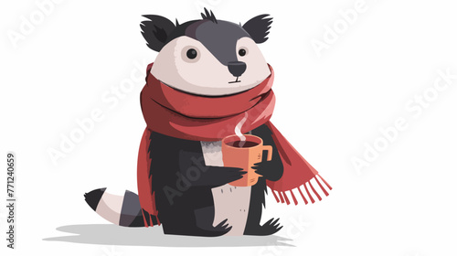 Cartoon badger wearing scarf holding hot coffee flat vector