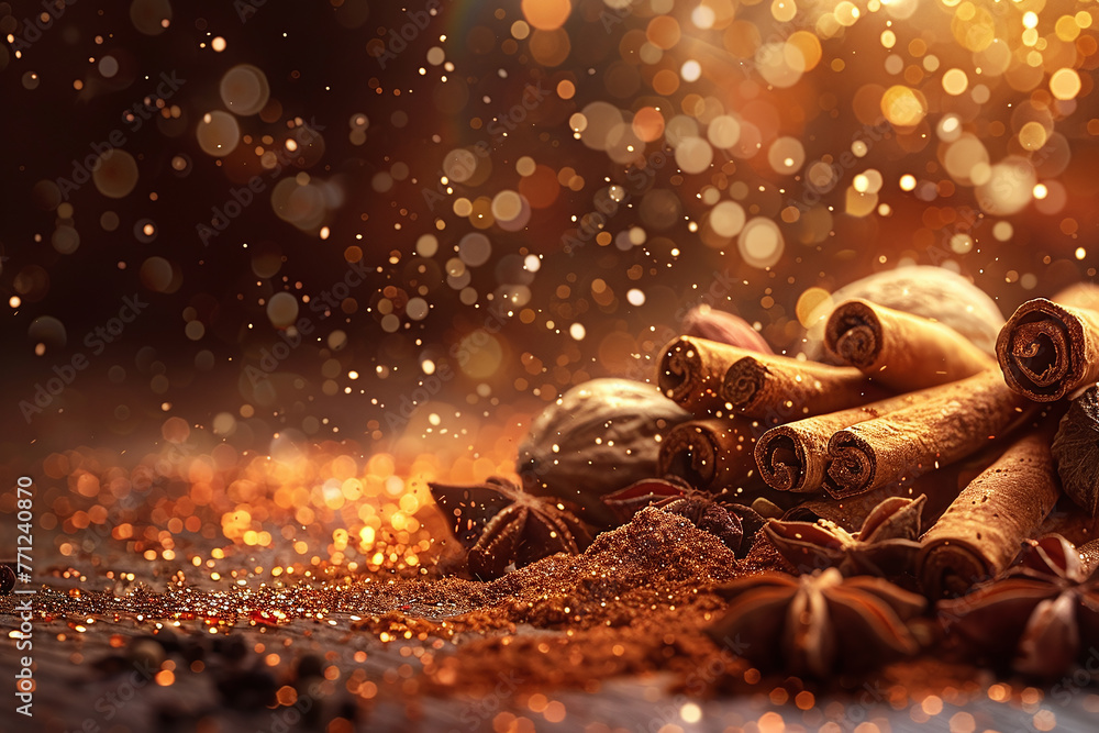 Cinnamon Sticks and Spices with Golden Bokeh Background - obrazy, fototapety, plakaty 