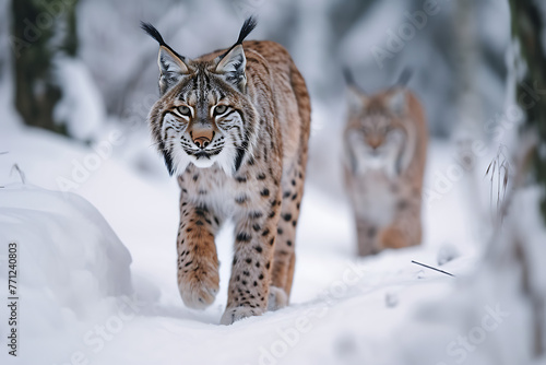 the lynx walks ahead of its friend in the snow in the f04170d2-d7f5-4fe6-b756-10cf09feb82f 0