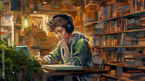 Drawing image of A Young student using laptop and  wearing headset for communication, A male reading Book while sitting in home, e-learning e-commerce online, knowledge and learning concept.