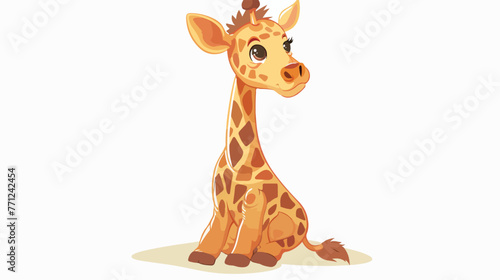Cartoon funny little giraffe sitting flat vector 