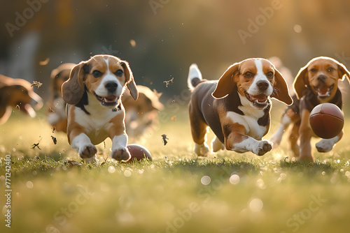Group of energetic beagle puppies in playful chase for a ball on a sunny field with a warm, joyful ambiance
