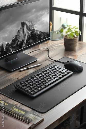 Ergonomic wireless keyboard and mouse, comfortable setup, focused work, quiet morning , high-resolution