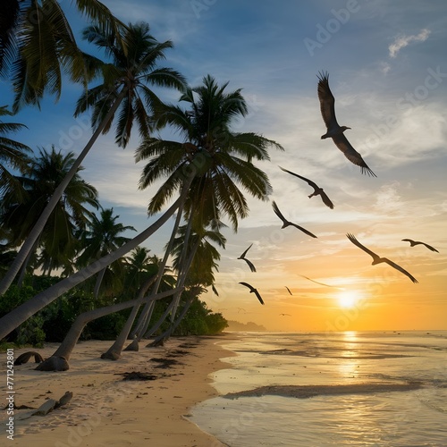 palm tree in a beach at sunset and flying bird