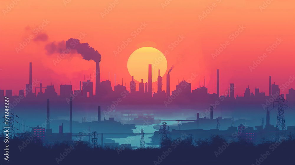 Vector illustration of panoramic industrial silhouette landscape with factory buildings and pollution in flat style.Vector illustration of panoramic industrial silhouette landscape with factory buildi