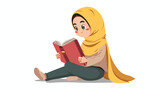 Cartoon muslim girl reading a book flat vector isolate
