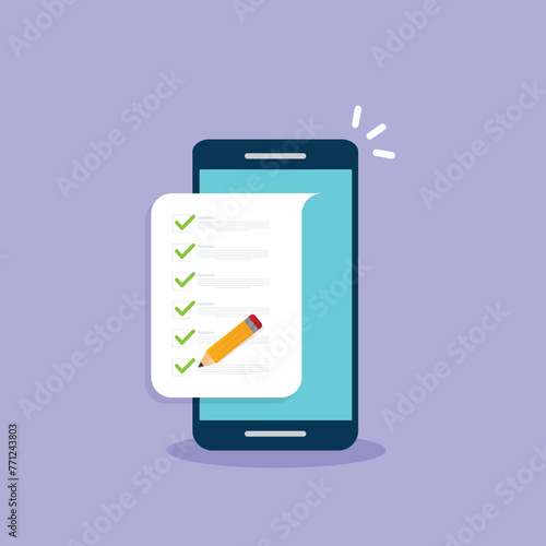 Check list document on smartphone, smartphone with paper check list and to do list with checkboxes, concept of survey, online quiz, completed things or done test, feedback. © madedee