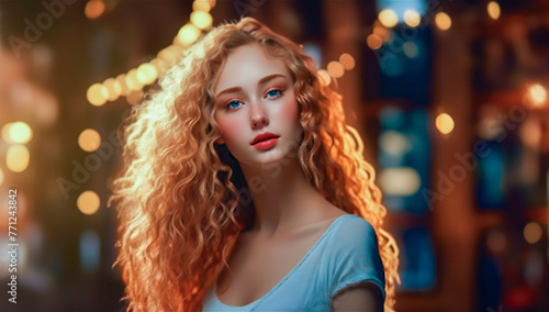 Portrait of young charming woman in casual clothes  looking at viewer , young blond haired woman,Beauty Blonde woman model with curly hairstyle .