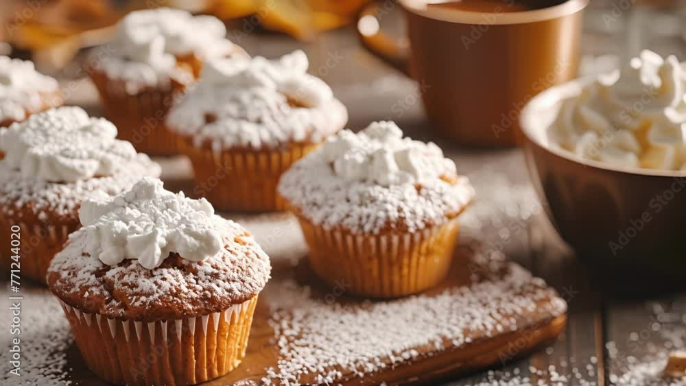 Cupcakes with sugar dusting arranged neatly on a wooden table. Cupcakes with sugar dusting arranged neatly on a wooden table.