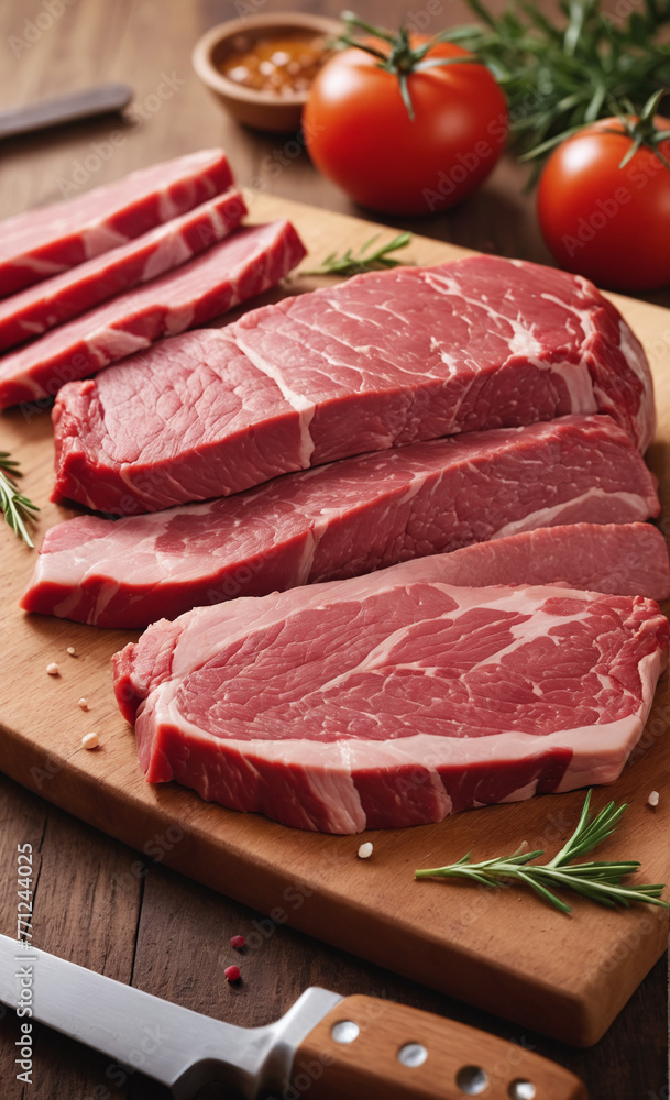 raw meat on a cutting board, with some herbs