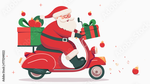 Cartoon santa claus delivering gifts on a scooter flat © Roses