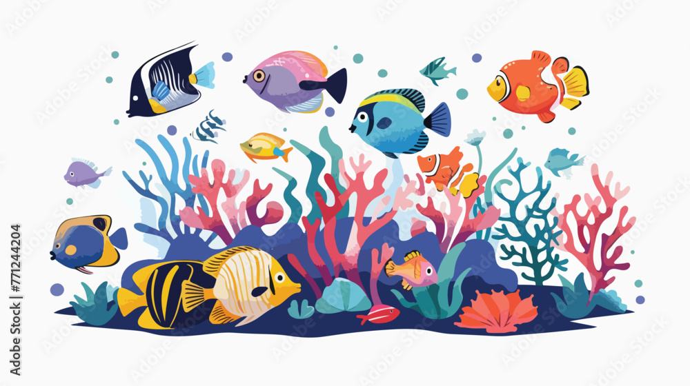 Cartoon tropical fish and beautiful underwater world white