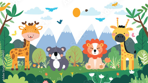 Cartoon wild animals with nature landscape background © Roses