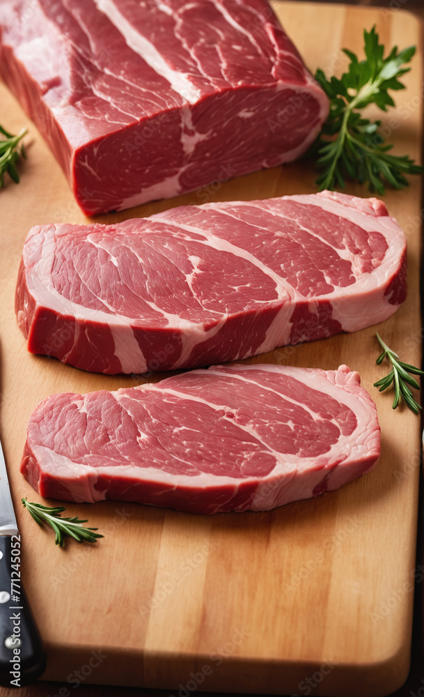raw meat on a cutting board, with some herbs raw meat on a cutting board, with some herbs