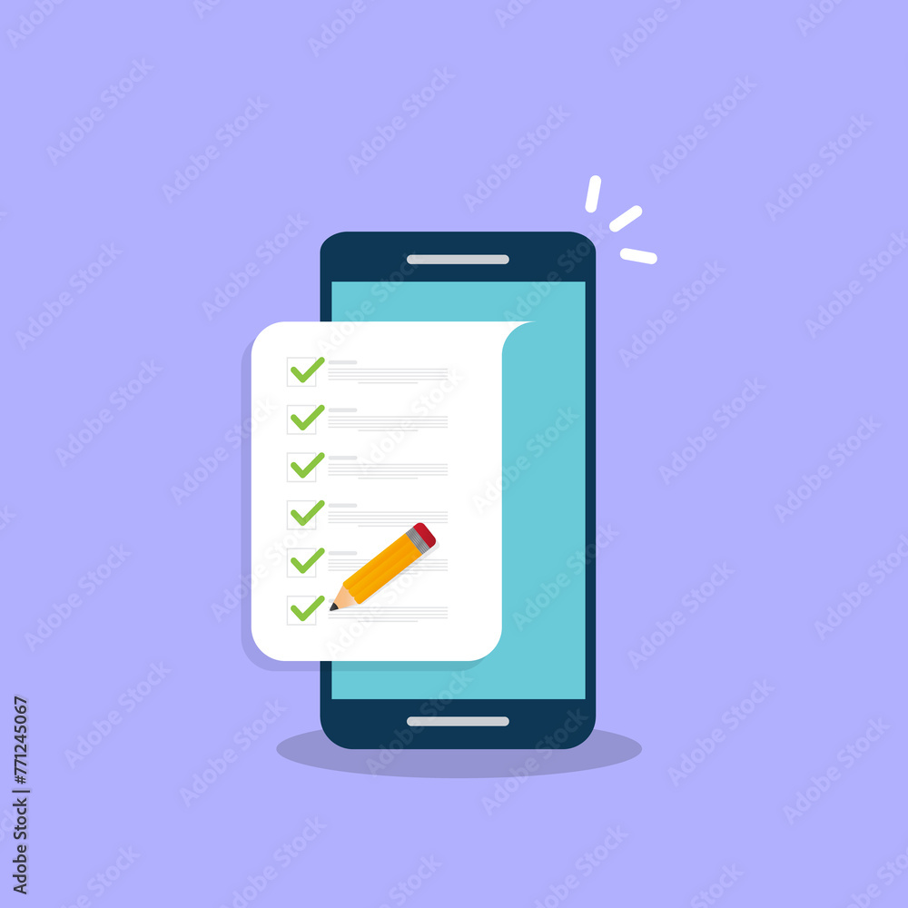 Check list document on smartphone, smartphone with paper check list and to do list with checkboxes, concept of survey, online quiz, completed things or done test, feedback. Check list document on smartphone, smartphone with paper check list and to do list with checkboxes, concept of survey, online quiz, completed things or done test, feedback.