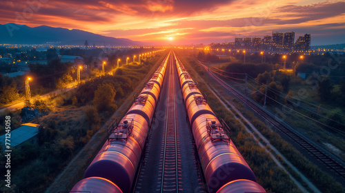 Fertilizer plant in an agricultural landscape at sunset. Railroad tanker cars stretched across the image. Night shot with lights on imposed on sunset background. photo