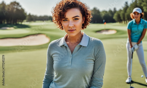 Young woman standing on golf course on a sunny day.