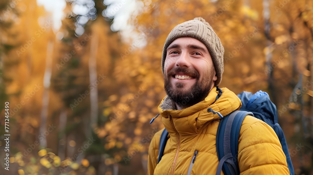 He enjoys a walk in the fresh air, the shining sun and the colors of autumn around. He enjoys a walk in the fresh air, the shining sun and the colors of autumn around.