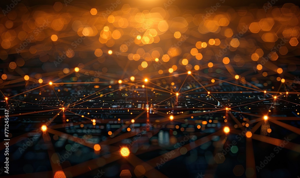 The image depicts a network of interconnected nodes with glowing lights against a bokeh background.
