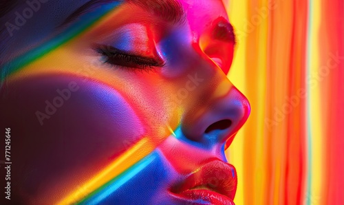 a close-up of a person's face with vibrant rainbow-colored light patterns projected onto their skin.