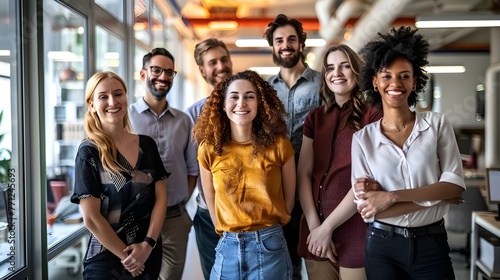 Portrait of a team with smiling employees demonstrating mutual understanding and positive attitude towards each other, creating a harmonious working atmosphere.