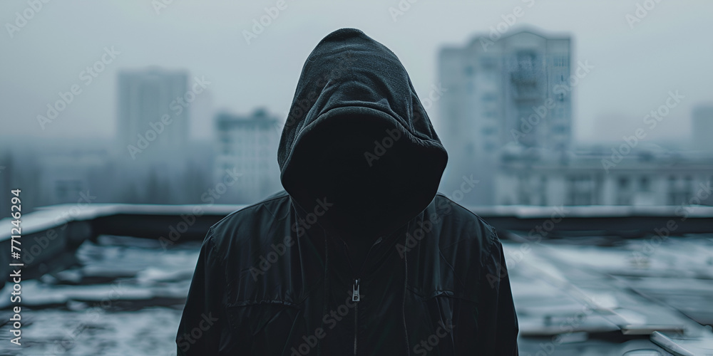 Rooftop ambiance hooded man with hidden face copy space intensifying intrigue For Social Media Post.AI Generative - obrazy, fototapety, plakaty 
