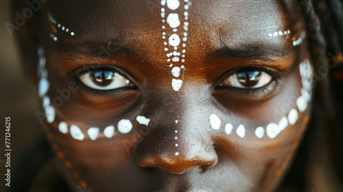 Portrait of a young African woman with traditional face paint, her eyes conveying strength and wisdom, natural light highlighting the textures of her skin